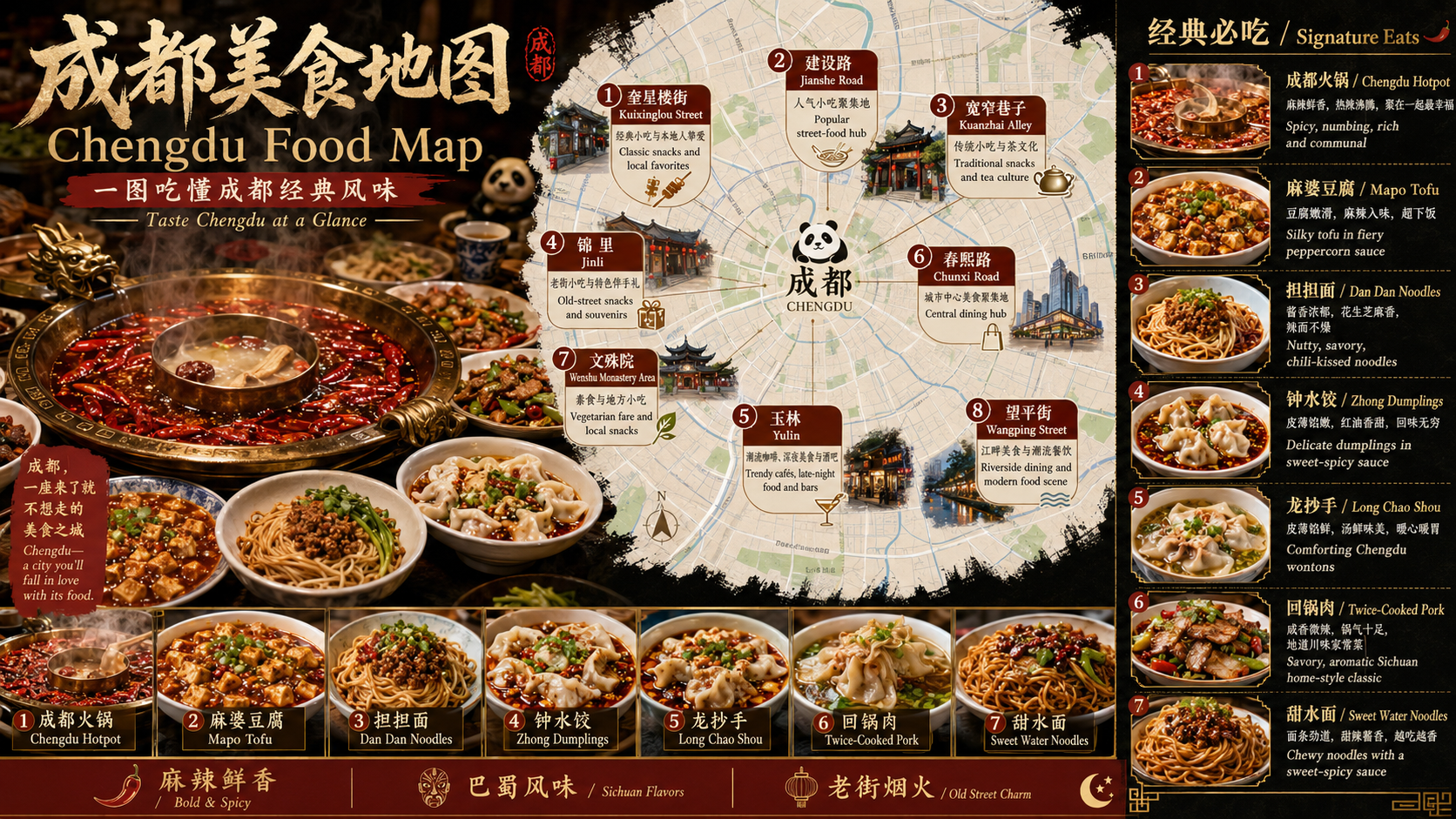 成都美食地图,包含成都火锅、麻婆豆腐、担担面、钟水饺、龙抄手、回锅肉和甜水面