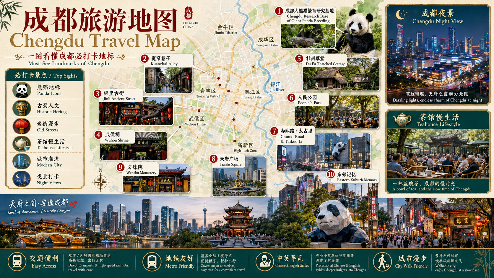 成都旅游地图,包含成都大熊猫繁育研究基地、宽窄巷子、锦里古街、武侯祠、文殊院、人民公园和天府广场