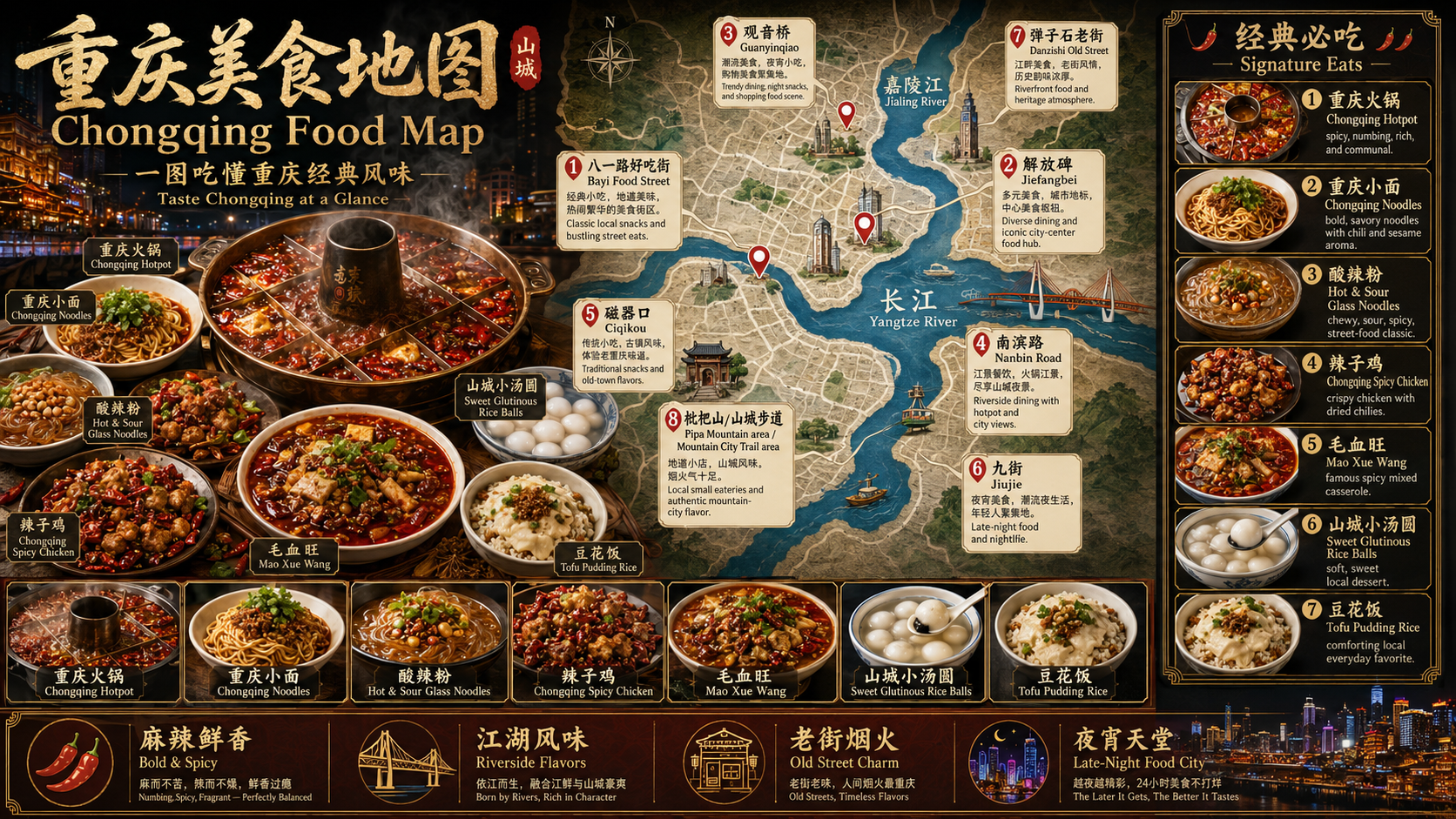重庆美食地图，包含重庆火锅、重庆小面、酸辣粉、辣子鸡、毛血旺、山城小汤圆和豆花饭