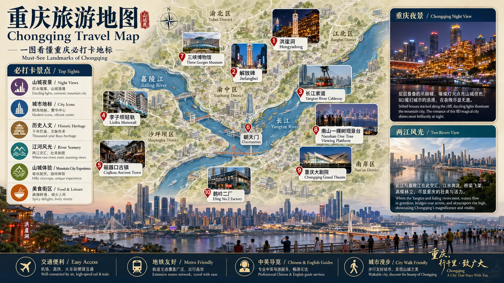 重慶の主な旅行スポット地図