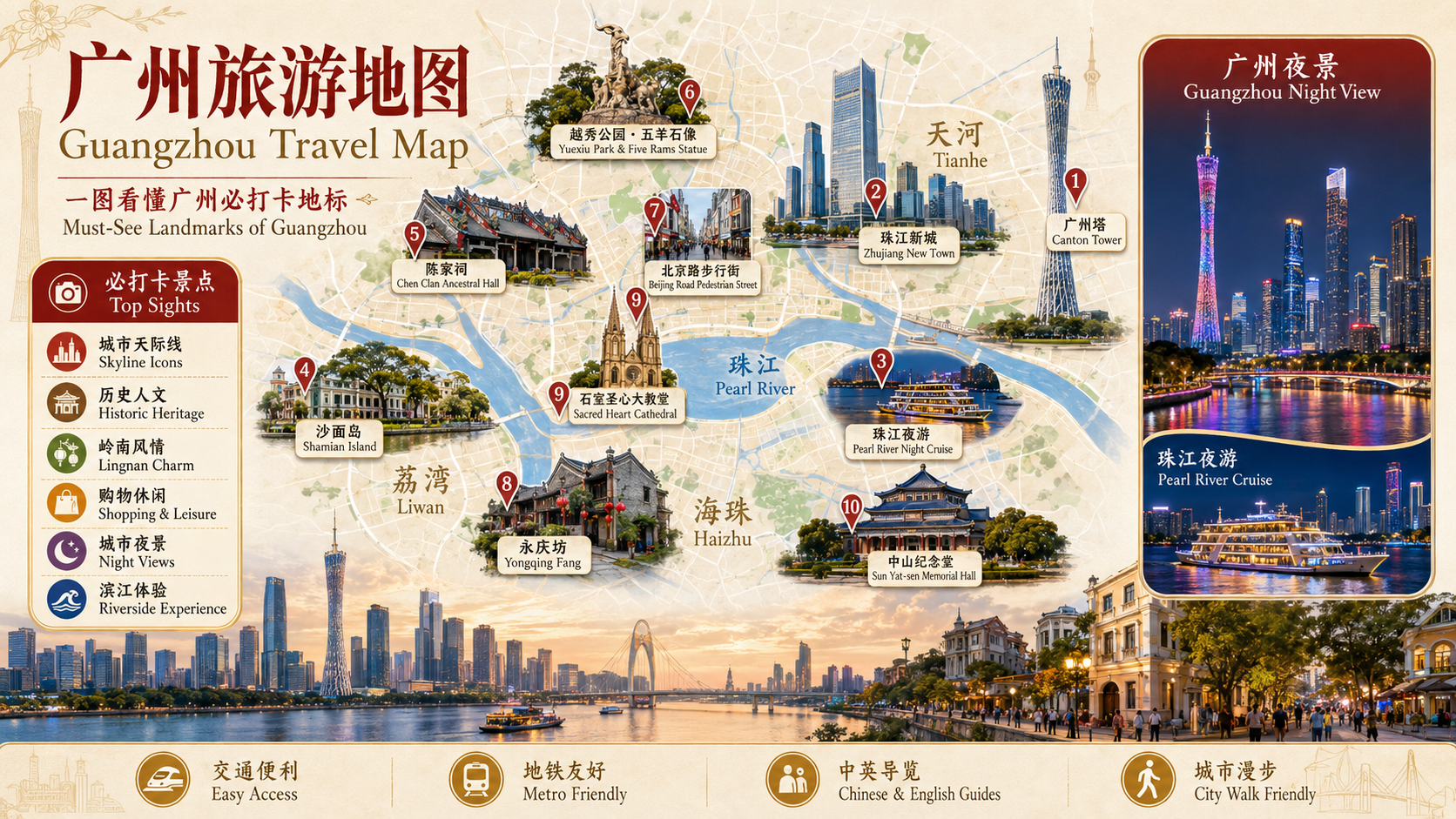 广州旅游地图，包含广州塔、珠江新城、珠江夜游、沙面岛、陈家祠、越秀公园和北京路