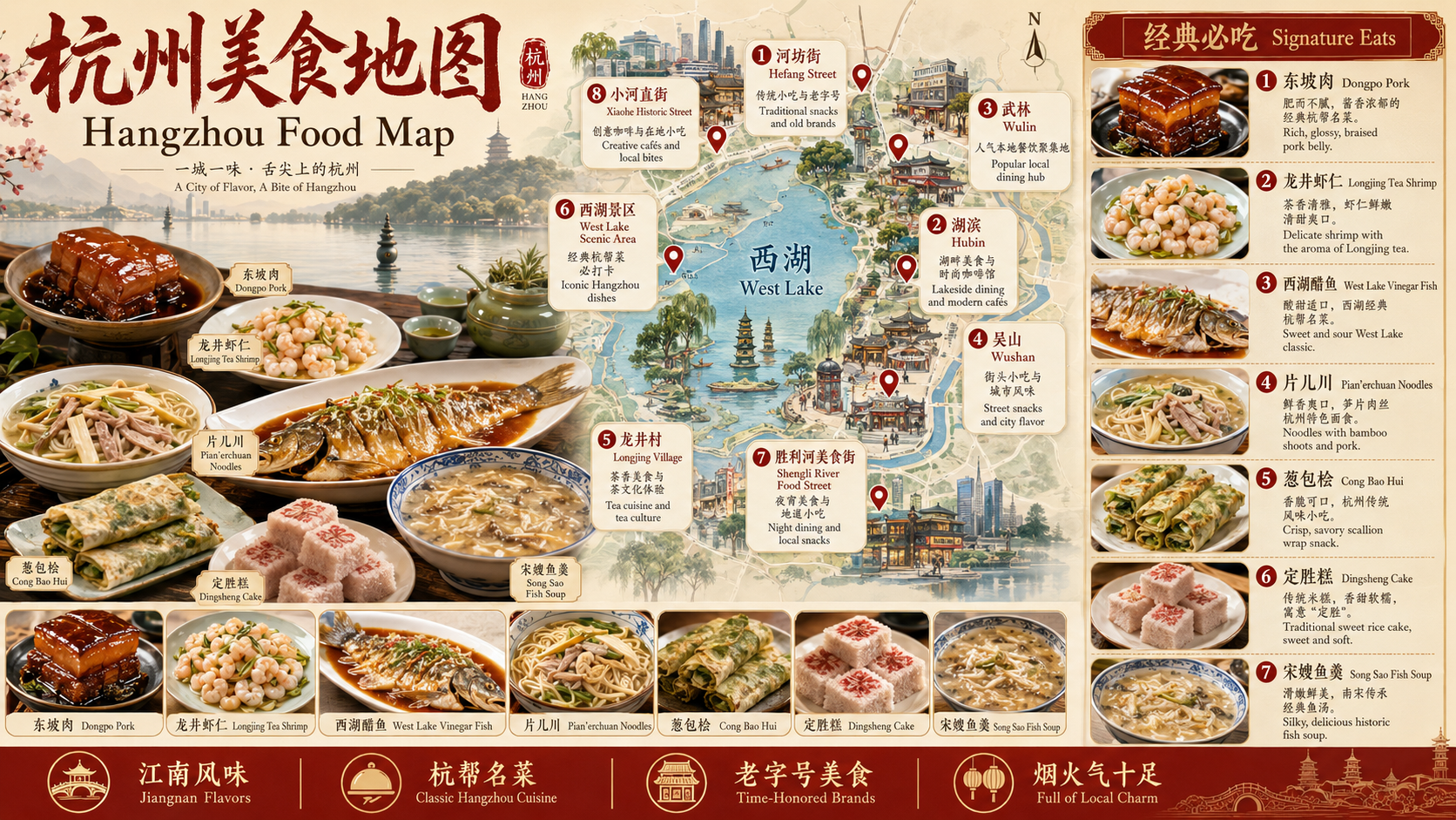 杭州美食地图，包含东坡肉、龙井虾仁、西湖醋鱼、片儿川、葱包桧、定胜糕和宋嫂鱼羹