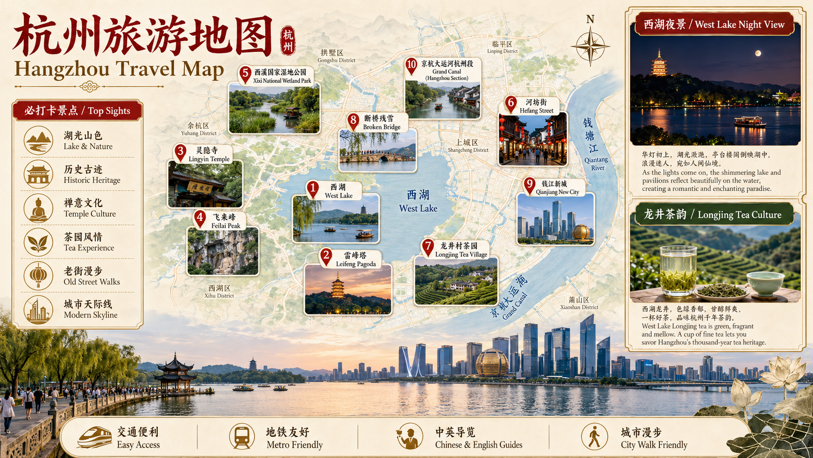 杭州旅游地图，包含西湖、雷峰塔、灵隐寺、飞来峰、龙井村、河坊街、西溪湿地和钱江新城