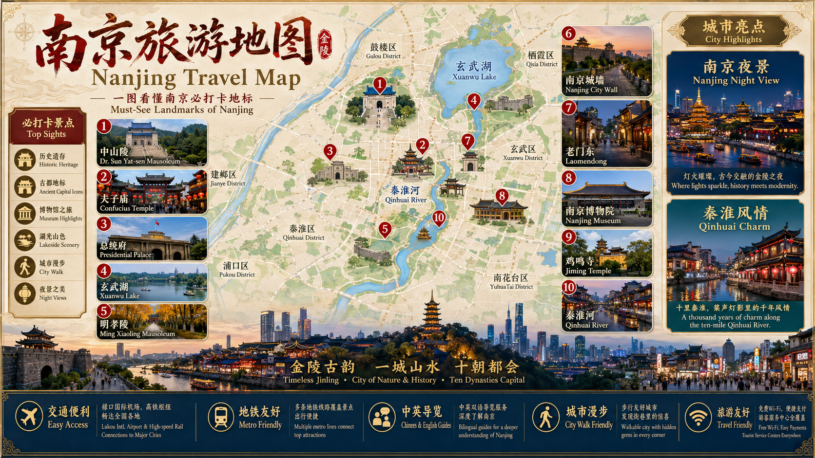 南京の主な旅行スポット地図