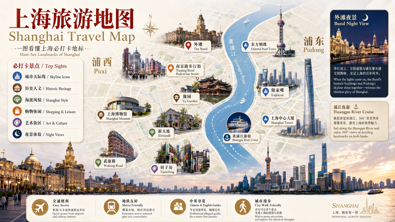 上海旅游地图，包含外滩、东方明珠、南京路、豫园、陆家嘴和黄浦江游船