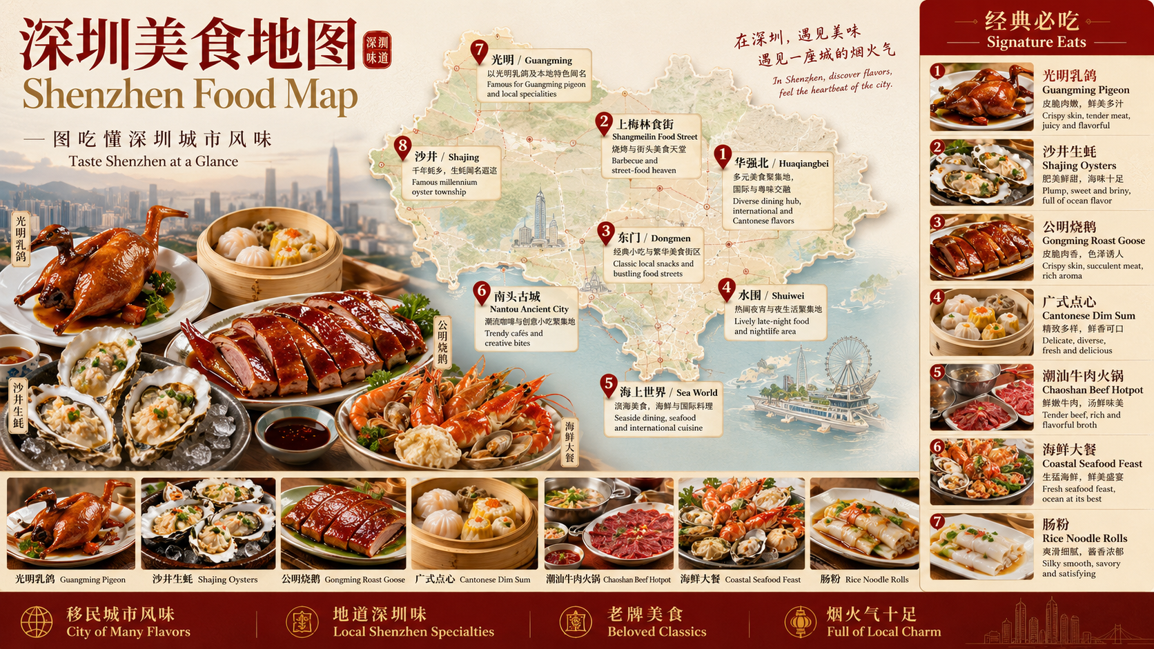 深圳美食地图，包含光明乳鸽、沙井生蚝、公明烧鹅、广式点心、潮汕牛肉火锅、海鲜大餐和肠粉