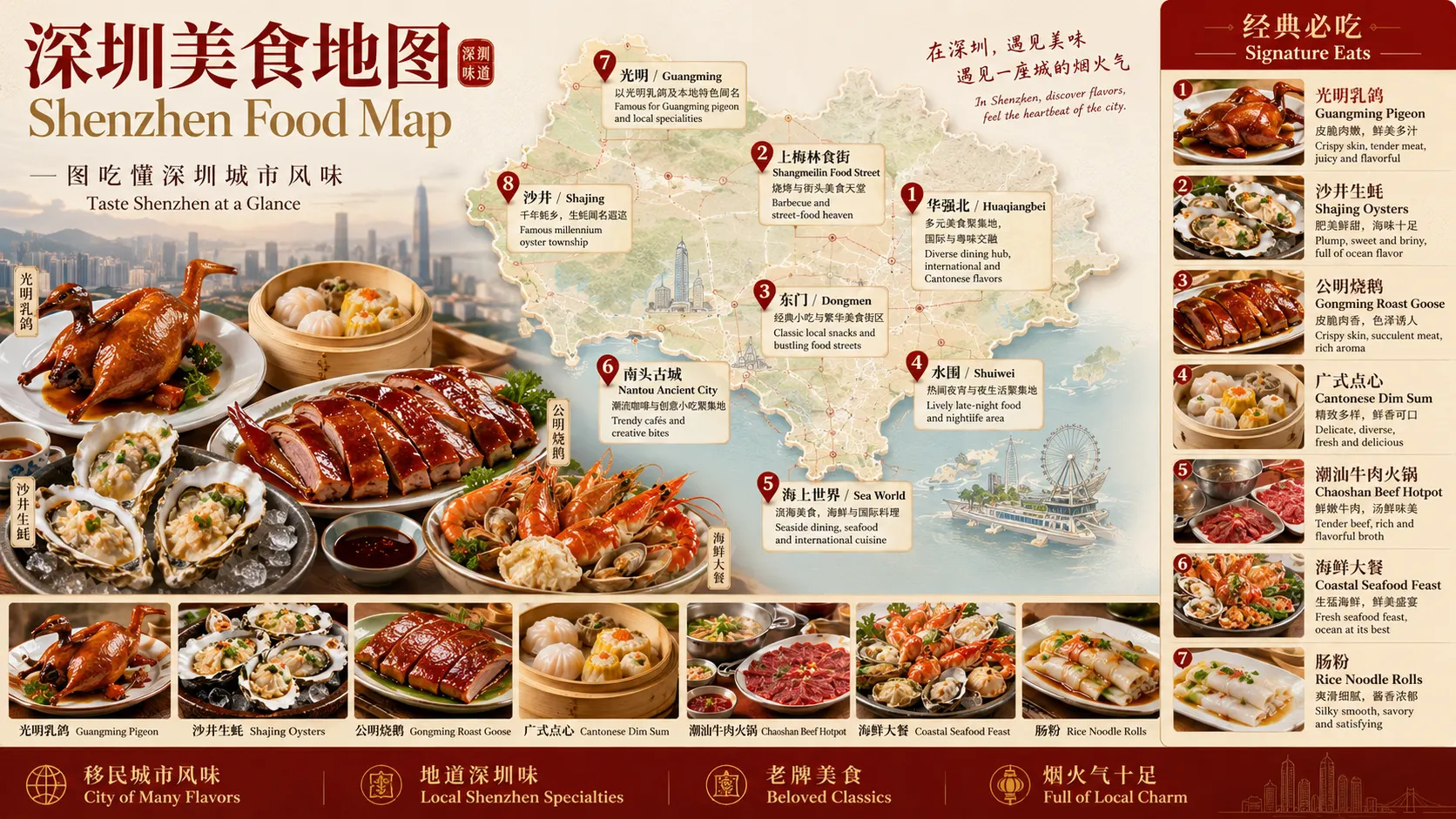 Shenzhen food map with Guangming pigeon, Shajing oysters, Gongming roast goose, Cantonese dim sum, Chaoshan beef hotpot, seafood, and rice noodle rolls