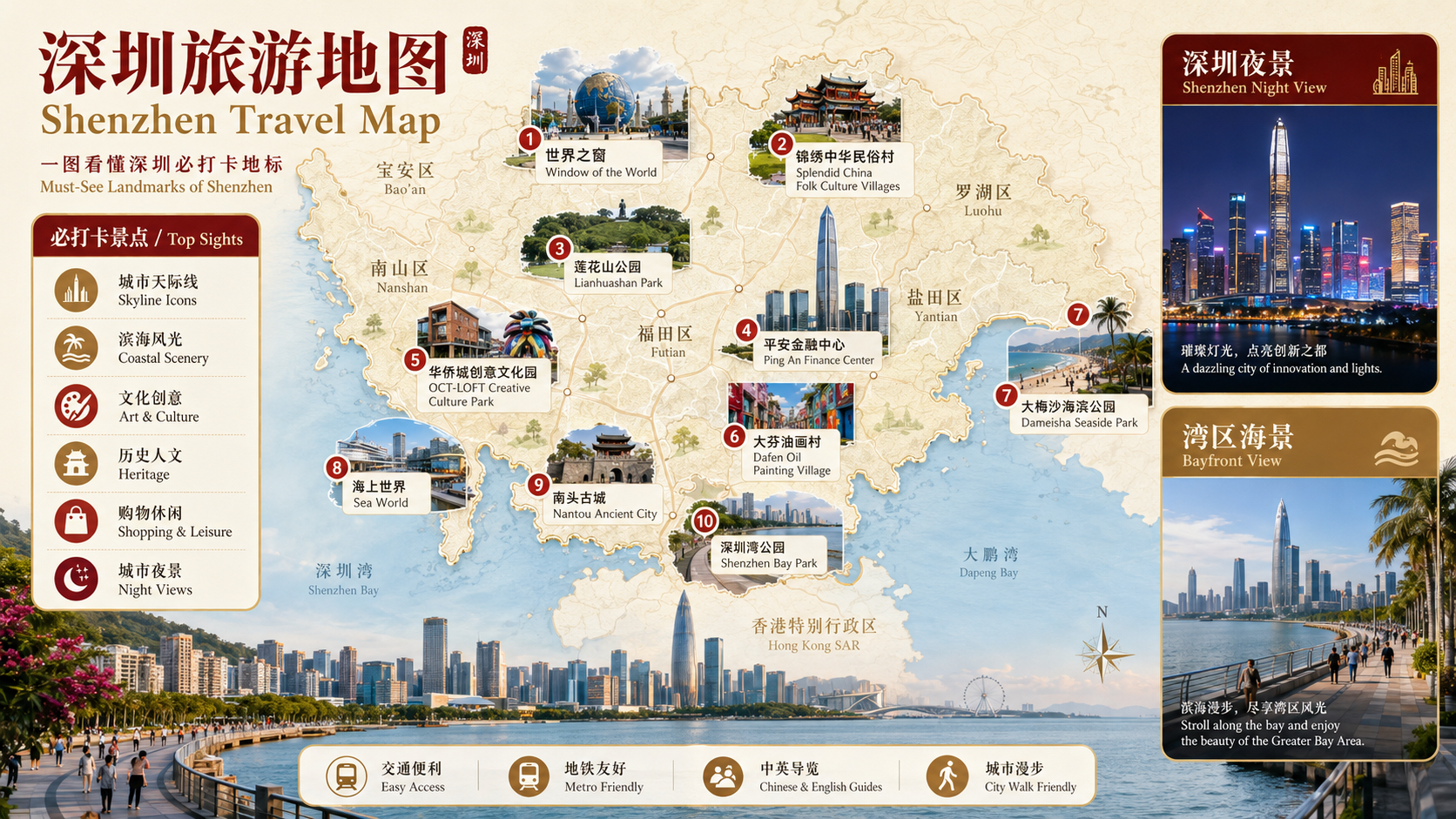 深圳旅游地图，包含世界之窗、锦绣中华、莲花山公园、平安金融中心、大芬油画村、深圳湾公园和海上世界