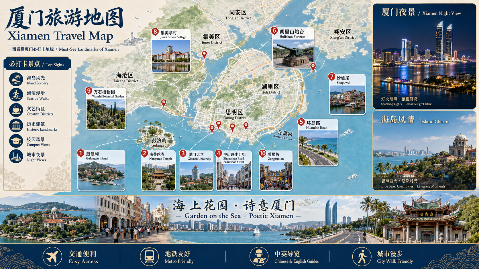 厦門の主な旅行スポット地図